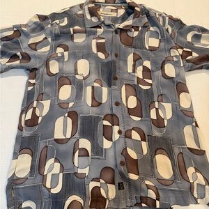 Tommy Bahama Short-Sleeve Geometric Camp Shirt - Blue, Brown & Cream 100% Silk